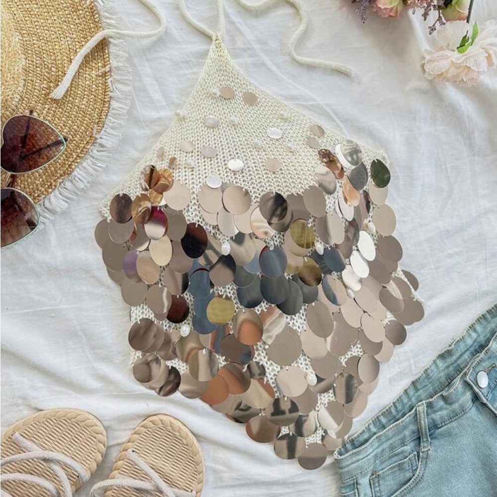 SHEIN Cream Sequin Crop Top